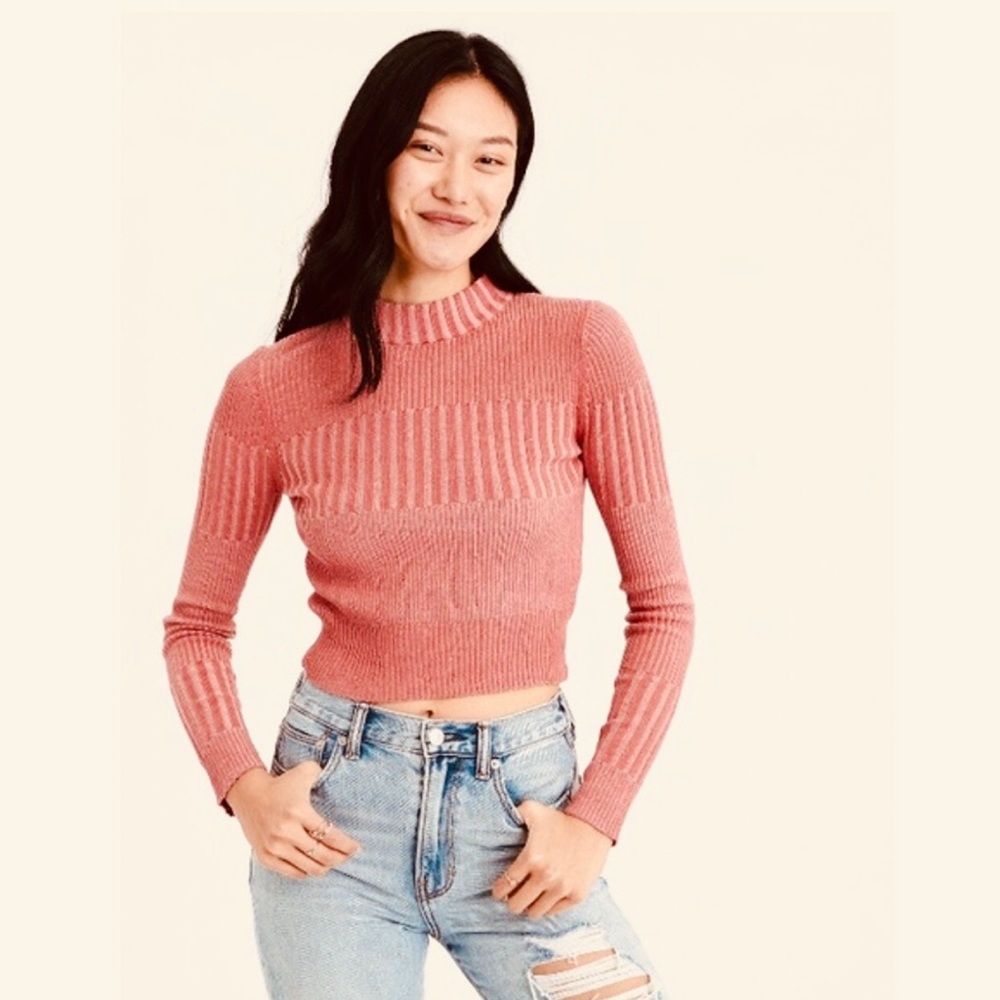 American Eagle Mock Neck Ribbed Cropped Rose Pink Sweater Women’s L Vintage Wash
